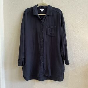 Pure‎ Jill Black 100% Cotton Gauzy Textured Button Down Tunic Top Blouse Sz M